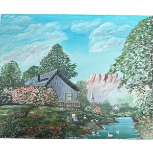 VTG Original Oil Painting 19x16 Inch Canvas Cabin River Mountain Church Flowers
